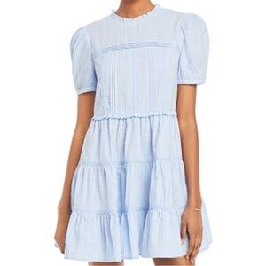 Aqua Mini Dress Sky Blue Textured Tiered Cotton Size XS Short Sleeve Mockneck